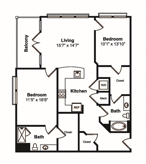 Floor plan for 2 beds, 2 baths, 1262 sqft